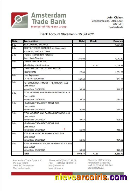 Netherlands Amsterdam Trade Bank statement in Word and PDF format